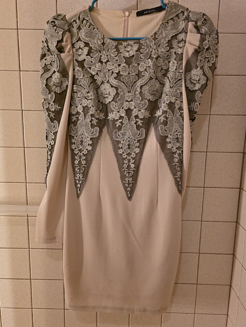 Ark & Co Cream Long Sleeve Dress with Gray Lace Applique